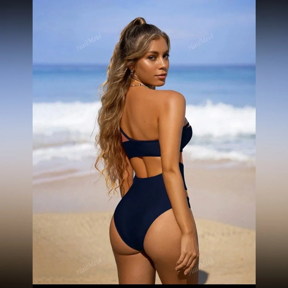 NWT SHEIN Navy Blue One-Shoulder Swim One Piece Size Med - Picture 2 of 7